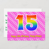 15e verjaardag: roze strepen en harten, regenboog  briefkaart (Voorkant / Achterkant)
