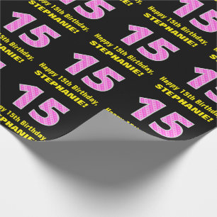 15e verjaardag: Roze strips en harten "15" + Naam Cadeaupapier