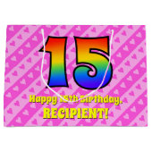 15e verjaardag: roze strips & harten, regenboognr. groot cadeauzakje (Voorkant)