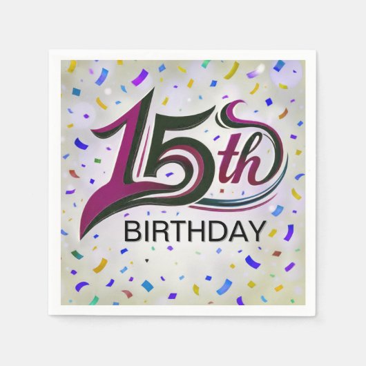 15e Verjaardag Tekst met Partij Confetti Servet (Voorkant)