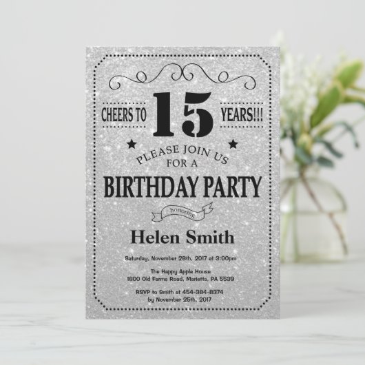 15e verjaardag Uitnodiging Black en Silver Glitter (Staand voorkant)
