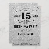 15e verjaardag Uitnodiging Black en Silver Glitter (Voorkant / Achterkant)