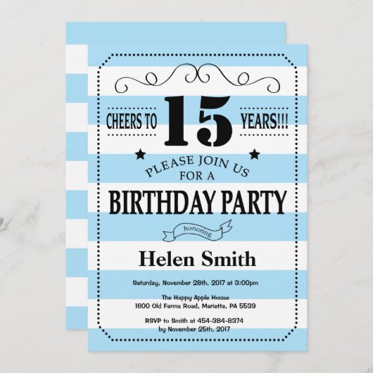 15e verjaardag Uitnodiging blauw en witte strepen (Voorkant / Achterkant)