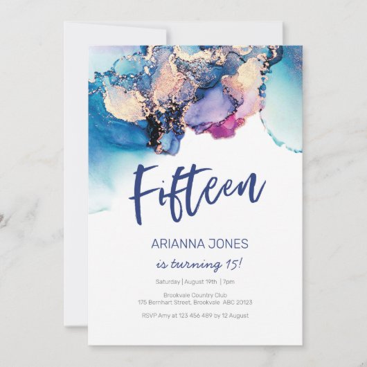 15e verjaardag Uitnodiging blauwe Abstracte Waterv (Voorkant)