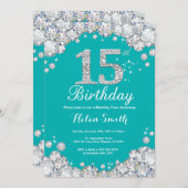 15e verjaardag Uitnodiging Blauwgroen en Silver Di (Voorkant / Achterkant)