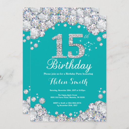 15e verjaardag Uitnodiging Blauwgroen en Silver Di (Voorkant / Achterkant)