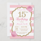 15e verjaardag Uitnodiging roze en goudbloem (Voorkant)