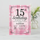 15e verjaardag uitnodiging roze glitter (Staand voorkant)