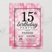 15e verjaardag uitnodiging roze glitter (Voorkant / Achterkant)