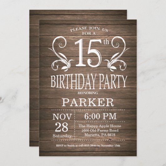 15e Verjaardag Uitnodiging Rustiek Hout Bloemen (Voorkant / Achterkant)