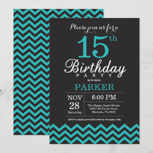 15e verjaardag Uitnodiging zwart en Blauwgroen
