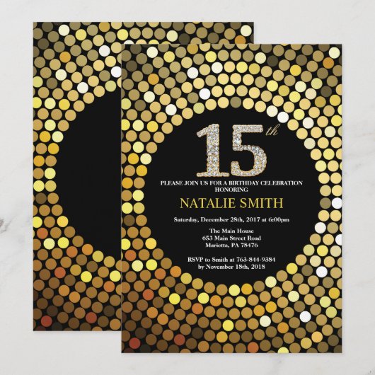 15e verjaardag Uitnodiging zwart en gouden glitter (Voorkant / Achterkant)