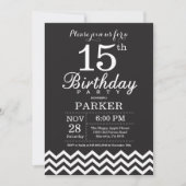 15e verjaardag uitnodiging zwart-wit Chevron (Voorkant)