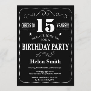 15e verjaardag Uitnodiging zwart wit karton
