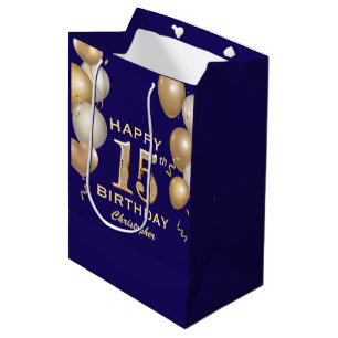 15e verjaardag van de marineblauw en goudballonnen medium cadeauzakje