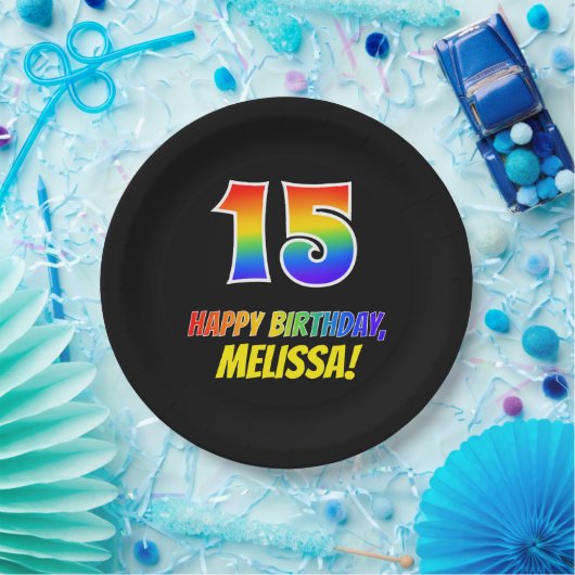 15e verjaardag: Vet, Vun, Eenvoudig, Regenboog 15 Papieren Bordje (Feest)