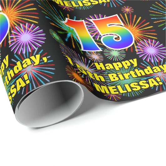 15e verjaardag: vuurwerk, regenboogblik # "15" cadeaupapier (Rol Hoek)