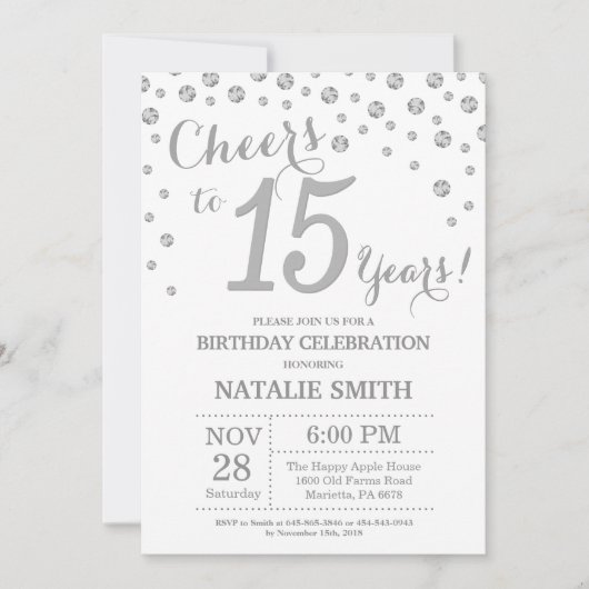 15e Verjaardag Zilveren Glitter Diamanten Uitnodig Kaart (Voorkant)