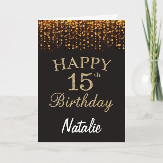 15e Verjaardag Zwart en Goud Glitter Kaart (Voorkant)