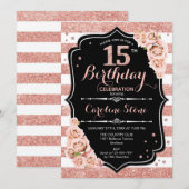 15e Verjaardag Zwart Roos Goud en Witte Strepen Kaart (Voorkant / Achterkant)