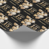 15e verjaardag zwarte en goudballonnen cadeaupapier (Hoek)