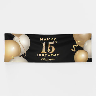 15e verjaardag Zwarte en gouden ballonnen Spandoek