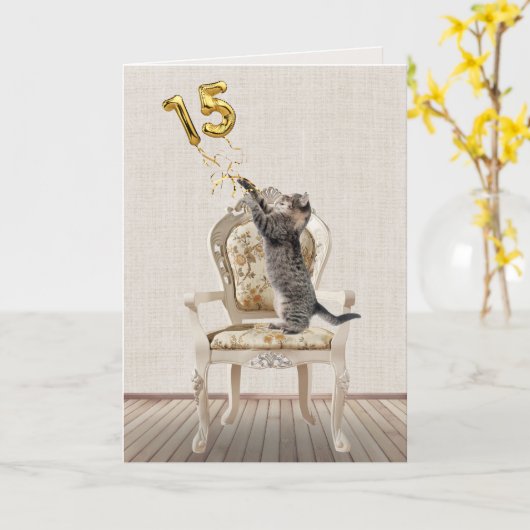 15e verjaardagsballonnen en tabbykat kaart (Gele Bloem)
