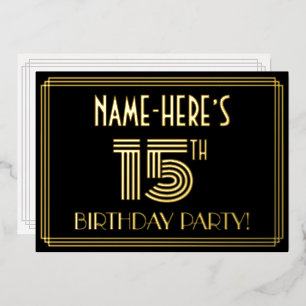 15e verjaardagsfeest — Art Deco stijl “15” + naam Folie Uitnodiging