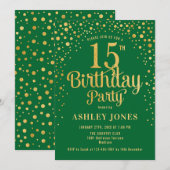 15e verjaardagsfeest - Groen & Goud Kaart (Voorkant / Achterkant)