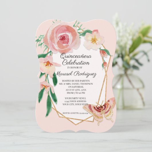 15e Verjaardagsfeest Quinceañera Blush Butterfly Kaart (Staand voorkant)