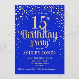15e verjaardagsfeest - Royal Blue & Gold Kaart