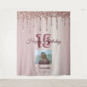 15e Verjaardagsfeest Roze Gouden Ballon Glitter Wandkleed