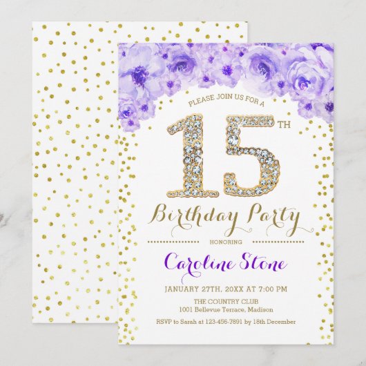 15e verjaardagsfeest - Witte Goud Paars Kaart (Voorkant / Achterkant)