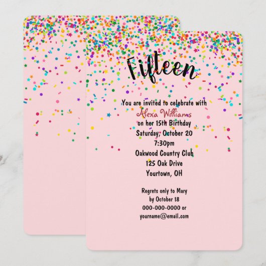 15e verjaardagsfeestje confetti kaart (Voorkant / Achterkant)