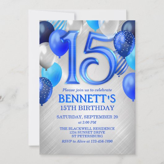 15ème Ado Boy Blue Invitation d'anniversaire (Devant)