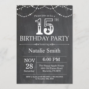 15th Birthday Invitation Chalkboard String Lights Kaart