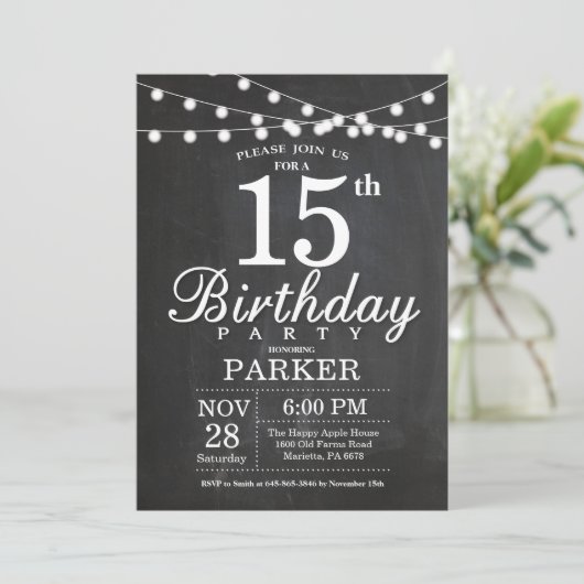 15th Birthday Invitation Chalkboard String Lights Kaart (Staand voorkant)