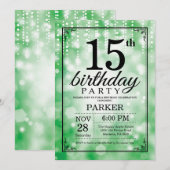 15th Birthday Invitation Green Glitter Kaart (Voorkant / Achterkant)
