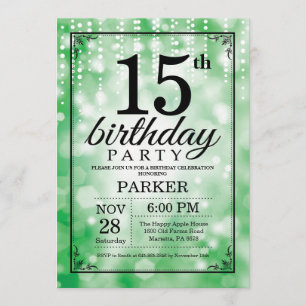 15th Birthday Invitation Green Glitter Kaart