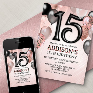 15th Birthday Roos Gold Balloons Invitation Kaart