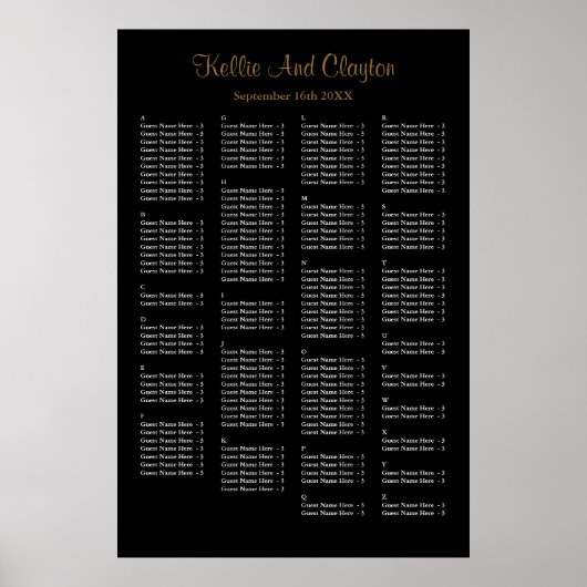 160 Simple Black Wedding Seating Chart Poster (Voorkant)