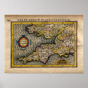 1610 Kaart van Cornwall, Devon, Somerset, enz. Poster
