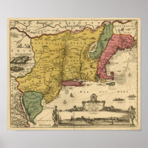 1685 Map - New Belgium, The New World, New England Poster