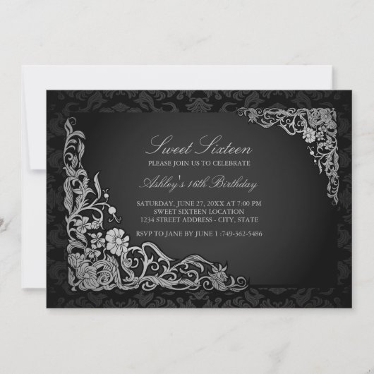 16 ans | Invitation Argent Floral Damask (Devant)
