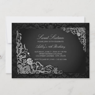 16 ans Invitation Argent Floral Damask