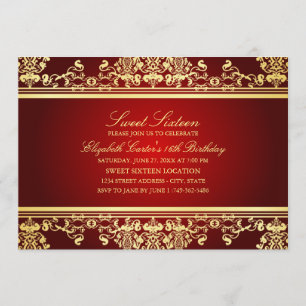16 ans Invitation élégante Red & Gold Damask