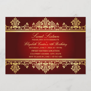 16 ans Invitation élégante Red & Gold Damask
