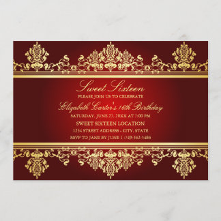 16 ans | Invitation élégante Red & Gold Damask