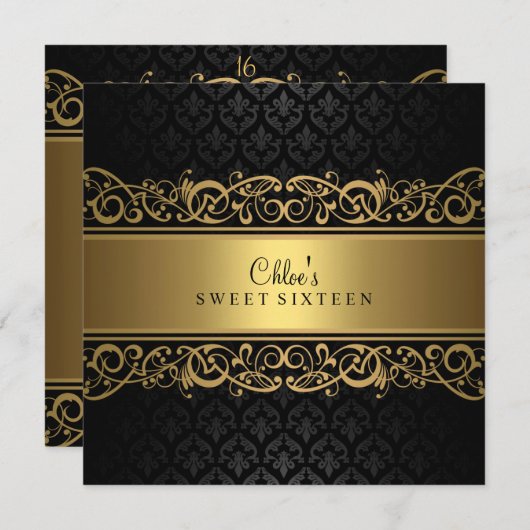 16 ans | Invitation Gold & Black Damask (Devant / Derrière)