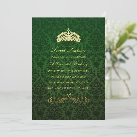 16 ans | Invitation Green Tiara & Damask (Debout devant)